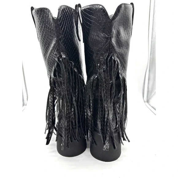 Womens Black Gothic Faux Snakeskin Moto Biker Fringe Chunky Platform Boots 11/42 - Picture 3 of 9
